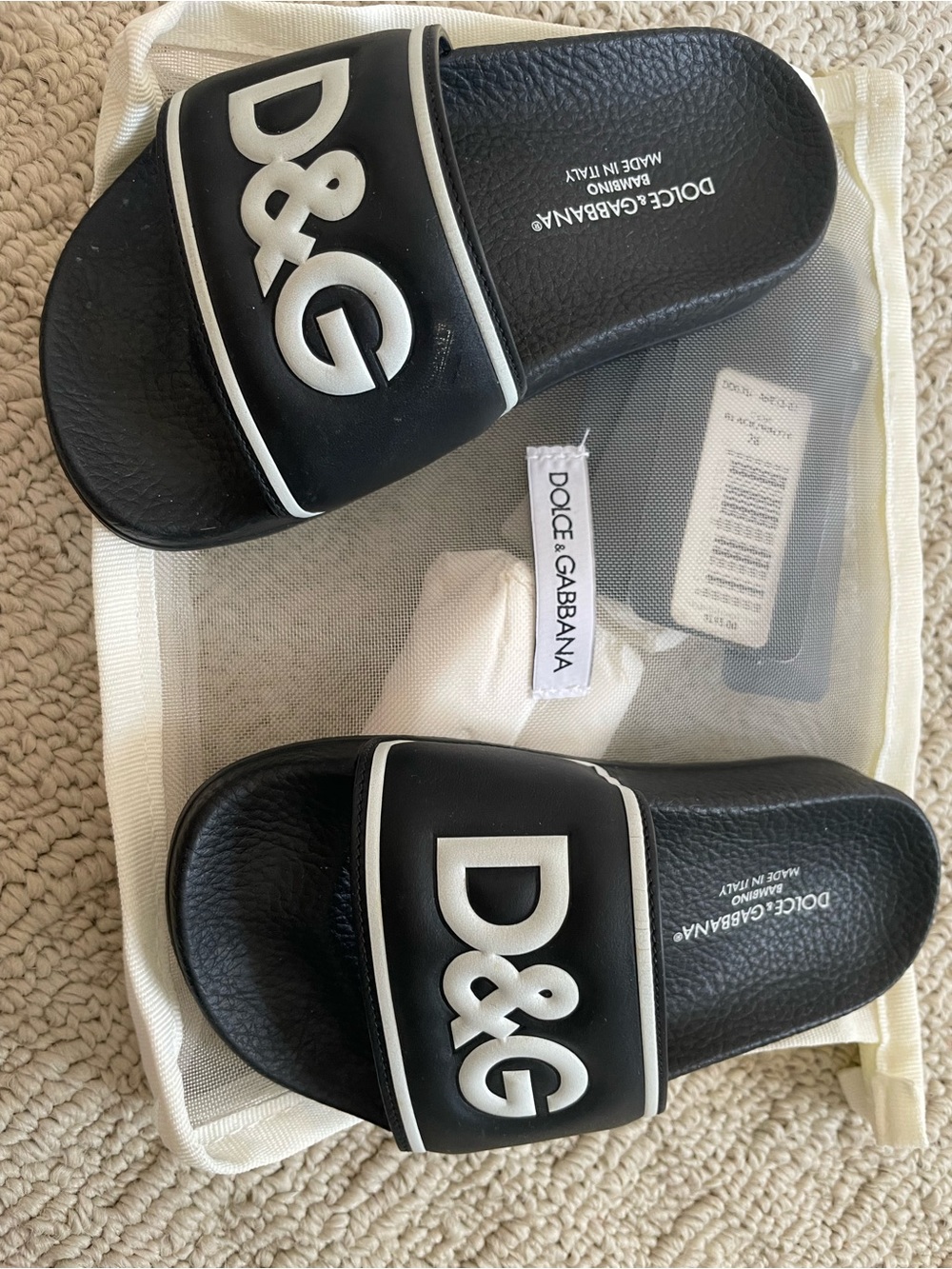 Dolce & Gabbana Black Kids D&G Logo Slide Sandals with White Trim